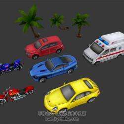 手繪機(jī)車合集 跑車/轎車/摩托車/救護(hù)車+椰子樹 3dmax模型
